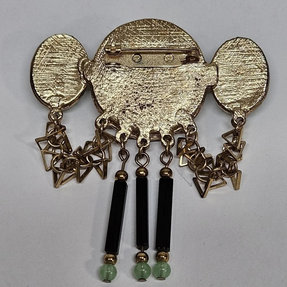 VINTAGE Unique Faux Jade Dangle Gold Tone Large Brooch Pin